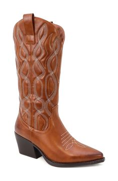 Add country flair to your ensemble in a Western-inspired boot with stitched patterns, pull tabs and a pointed toe. 3 1/2" heel Pull-on style Synthetic upper/textile lining/synthetic sole Imported Western Brown Mid-calf Heeled Boots, Brown Western Mid-calf Heeled Boots, Brown Mid-calf Western Heeled Boots, Winter Brown Heeled Boots For Rodeo, Brown Knee-high Heeled Boots For Rodeo, Brown Heeled Boots For Rodeo In Spring, Fall Rodeo Brown Mid-calf Boots, Brown Heeled Boots For Rodeo Spring Season, Square Toe Heeled Boots For Western-themed Fall Events