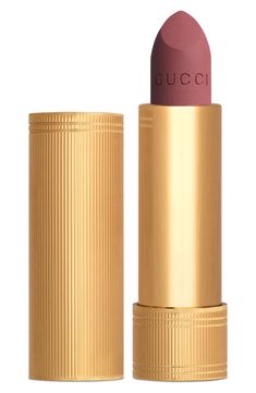 What it is: A matte-finish lipstick that delivers intense vivid color with a single stroke.What it does: Delivering bright and rich lip color with a soft and velvety feel, the texture of Rouge à Lèvres Mat Matte Lipstick has a silk-like, comfortable finish that won't dry out your lips or smudge. Its gold metal-colored tube is precise and elegant, with evenly spaced narrow ribbed grooves etched vertically into its length.How to use: Apply to lips. Use the sharp edge of the bullet to contour. Styl Gucci Lipstick, Mat Lipstick, The Painted Veil, Gucci Makeup, Motif Art Deco, Lipstick Tube, Lipstick Collection, Maquillage Halloween, Lip Colour