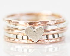 Valentines Day Gift For Her / Heart Ring Set / Stacking Rings Valentine's Day Rose Gold Sterling Silver Stackable Rings, Stackable Heart Ring With Round Band For Gift, Stackable Rose Gold Jewelry For Valentine's Day, Stackable Rings For Anniversary On Valentine's Day, Rose Gold Heart-shaped Stackable Rings, Anniversary Stackable Rings For Valentine's Day, Stackable Round Jewelry For Valentine's Day, Heart-shaped Stackable Wedding Jewelry, Stackable Wedding Jewelry For Valentine's Day