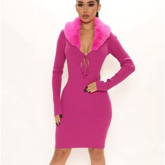 Sweater Mini Dress Long Sleeve Detachable Faux Fur Collar Tie Front Cut Out Back Ribbed Dress Length 34.5” 50% Viscose 22% Polyamide 28% Polyester Stretchy Winter Mini Bodycon Dress, Pink Long Sleeve Winter Bodycon Dress, Winter Pink Long Sleeve Bodycon Dress, Long Sleeve Pink Bodycon Winter Dress, Pink Midi Bodycon Dress For Winter, Pink Long Sleeve Bodycon Dress For Winter, Pink Bodycon Dress For Winter, Chic Pink Winter Dress, Pink Mini Sweater Dress For Winter