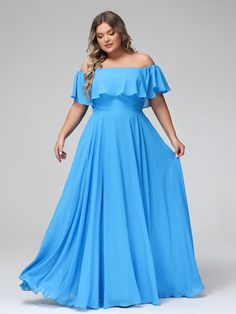 Ocean Blue Flowy Light Blue Chiffon Maxi Dress, Off-shoulder Chiffon Maxi Dress For Wedding, Blue Chiffon Maxi Dress For Banquets, Light Blue Chiffon Maxi Dress With Ruffles, Flowy Off-shoulder Prom Dress, Blue Chiffon Floor-length Bridesmaid Dress, Blue Chiffon Evening Maxi Dress, Blue Flowy Chiffon Dress, Blue Chiffon Maxi Dress For Prom