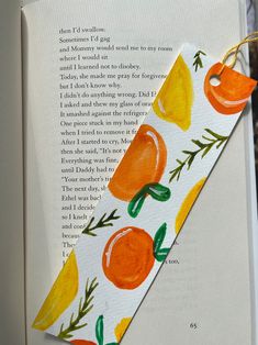 an open book with oranges and lemons on it