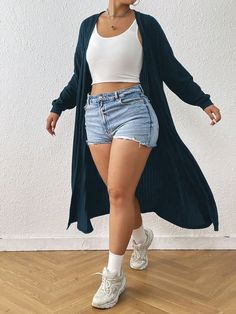 Plus Size Solid Color Casual Long Sleeve Knitted Cardigan Blue Casual  Long Sleeve Knitted Fabric Plain Other Medium Stretch  Women Plus Clothing, size features are:Bust: ,Length: ,Sleeve Length: