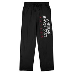 Unleash your dark side with these men's black American Horror Story sleep pajama pants. Adorned with white letters that spell out the series logo, these pants showcase a custom design that pays tribute to the chilling allure of the iconic show. Crafted with a comfortable blend of 60% cotton and 40% polyester, they offer a cozy and durable fit. The drawstring adjustable elastic waistband ensures a secure and personalized feel. Embrace the darkness in style with these high-quality American Horror Black Relaxed Fit Bottoms With Logo Print, Black Graphic Print Loungewear Pants, Black Cotton Pants With Logo Print, Black Letter Print Sleepwear, Black Letter Print Sleepwear For Loungewear, Black Halloween Loungewear Pants, Black Sweatpants With Logo Print For Loungewear, Black Casual Sleep Pants, Black Relaxed Fit Sleepwear With Graphic Print