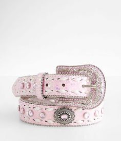 Girls - Angel Ranch Glitter Western Leather Belt - Pink 26 Pink Metal embossed rhinestone 1 1/4 leather belt Shot bead trim Interchangeable buckle. Due to the nature of leather/suede, small variances of color in the skin may occur, this is in no way considered a defect. These are inherent characteristics of leather/suede and will enhance the individual look of your garment.. Genuine Leather.. YOUTH BELT SIZE CONVERSION CHART Jean Size 7/8 10/12 14/16 Belt Size XS/S M/L L/XL Length 26 29 32 Appar Western Leather Belt, Cowgirl Belts, Girls Belts, Pink Belt, Pink Cowgirl, Western Leather, Western Belts, Birthday List, Conversion Chart