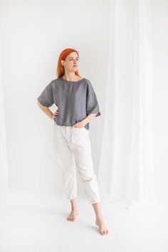 Erika - organic linen crop top for womenThis kimono style top with short sleeves is made of soft and washed linen.Qualities of the oversized linen T-shirt:♥ 100 % European linen♥ Natural wrinkles♥ Color in the picture - GREY. Please choose any other color on the right.♥ Not ironed (and no need to iron to have a relaxed look).The fabric is certified 100% European linen. This guarantees that it meets human - ecological requirements. Linen is a natural, comfortable and breathable fabric that grows Everyday Cropped Linen Top, Oversized Cropped Top For Summer, Oversized Short Sleeve Crop Top For Summer, Summer Blouse With Short Sleeves, Boxy Short Sleeve Blouse For Summer, Summer Boxy Fit Crop Top With Short Sleeves, Linen Tops With Natural Dye And Short Sleeves, Minimalist Linen Tops For Summer, Minimalist Linen Summer Tops