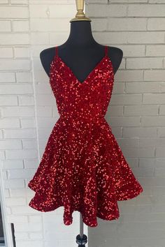 Straps Red Sequin V Neck A-line Short Homecoming Dress Red Hoco Dress Short, Sparkly Red Dress, Red Hoco Dresses, Red Glitter Dress, Red Hoco Dress, Hoco Dresses Red, Chic Prom Dresses, Short Red Prom Dresses, Cute Homecoming Dresses