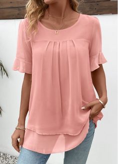 Color:Pink;Size:S;Size:M;Size:XL;Package Contents:1 X Blouse;Occasion:Other;Style:Casual; Pink Blouses, Round Neck Blouse, Layered Short, Light Pink Blouses, Tops Trendy, Basic Blouses, Nyfw Street Style, Pink Tunic, Trendy Tops For Women