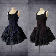 An item that will make you look like a mysterious and elegant young lady. A sleeveless lace-up top richly decorated with lace embroidery and a tiered skirt that catches the eye with its elegant volume. Like an aristocratic lady from medieval Europe. 
 
 

 

 
 
 
 Item 
 
 Tops (Navy) 
 Top (wine red) 
 Tops (Purple) 
 Skirt 
 
 
 Size 
 
 Tops
 
 XS size
 
 Length: 68cm 
 Bust: 84cm 
 Waist: 69cm 
 
 
 S size 
 
 
 Length: 69cm 
 Bust: 88cm 
 Waist: 73cm 
 
 M size 
 
 Length: 70cm 
 Bust: 92c Purple Lace Dress With Ruffles, Purple Lace Dresses With Ruffles, Sleeveless Lace Trim Dress For Costume Party, Gothic Sleeveless Lace Dress, Elegant Sleeveless Corset Dress With Ruffle Hem, Lace Sleeveless Corset For Costume Party, Fitted Purple Dress With Ruffled Skirt, Fitted Tiered Dress With Lace Patchwork, Fitted Victorian Dress With Ruffles And Overbust