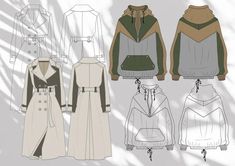 an image of women's coats and jackets in different colors on a white background