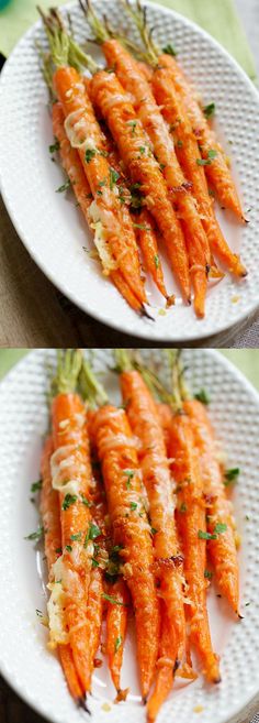 two pictures of carrots on a white plate with green garnish and parsley