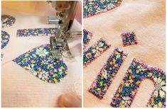 the sewing machine is stitching letters with sequins on fabric and then cutting them into small pieces