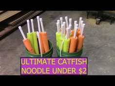 there are many different types of toothbrushes in the cup with words ultimate catfish noodle under $ 2