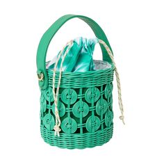 Add a pop of color to your summer accessories collection with this fun and fabulous bag! This chic wicker bucket bag features a leather handle and removable crossbody strap. Product Overview: Materials: wicker, cotton, lambskin, gold hardware Size: 6’’ H (4’’ handle drop) x 5.5’’ W Summer Straw Bag With Woven Leather And Round Handle, Spring Top Handle Woven Leather Straw Bag, Summer Woven Leather Bag With Round Handle, Chic Straw Bag With Woven Leather And Round Handle, Spring Straw Crossbody Bag With Detachable Handle, Travel Crossbody Bucket Bag With Bamboo Handle, Chic Straw Bucket Bag With Detachable Handle, Chic Bucket Straw Bag With Detachable Handle, Straw Bucket Bag For Shopping