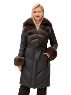 Description: Genuine Fox fur collar and cuffs will keep you warm even in arctic weather conditions. This mid-length coat is crafted from the durable Mackintosh Dewspo fabric that is designed to face harsh elements. The streamlined silhouette is crafted from wind-resistant and water-resistant vinyl finish. Product Details: Temperature range: up to -20°C/-4°F Trim black color: genuine Polar Fox fur Fur origin: Scandinavia Filling: 90% white duck down, 10% white feather Shell: 100% Mackintosh Dewsp Side Chest, White Duck, White Feathers, Belted Coat, White Ducks, Duck Down, Fox Fur, Fur Collar, Fur Collars