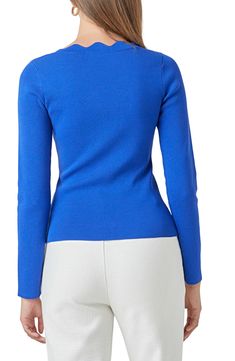 A lightweight staple sweater gets so much sweeter with a squared neckline edged in scalloped shaping. 70% rayon, 30% polyester Hand wash, dry flat Imported Elegant Fine Knit Blue Sweater, Elegant Blue Fine Knit Sweater, Winter Square Neck Sweater, Blue Workwear Top With Ribbed Neckline, Blue Fitted Elegant Sweater, Chic Blue Long Sleeve Knit Top, Fitted Elegant Blue Sweater, Fitted Square Neck Sweater, Elegant Fitted Blue Sweater