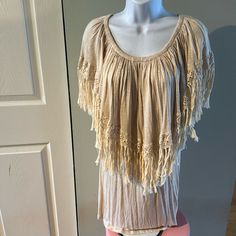 Elan Usa Off Shoulder Fringe Boho Dress Size Large Color Beige 100% Rayon New With Tag Long Sleeve Vacation Dress With Fringe, Long Sleeve Fringe Dress For Vacation, Bohemian Mini Length Fringe Dresses, Bohemian Mini Dress With Fringe, Bohemian Fringe Midi Dress For Beach, Bohemian Fringe Mini Dress, Beige Cotton Mini Dress With Lace Trim, Short Sleeve Dress With Lace Trim For Beach, Fringe Mini Dress For Vacation