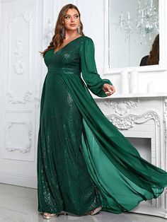 Yisikado Plus Lantern Sleeve Sequin Formal Dress-FMGT754-3 - Yisikado – YISIKADO Green V-neck Bridesmaid Dress, Fall Banquet V-neck Evening Dress, Green V-neck Evening Dress, Chiffon Dresses With Surplice Neckline For Parties, Green V-neck Maxi Dress For Banquet, Holiday Green Long Sleeve Maxi Dress, Formal V-neck Evening Dress With Sequins, Festive V-neck Maxi Dress, Green Long Sleeve Holiday Evening Dress