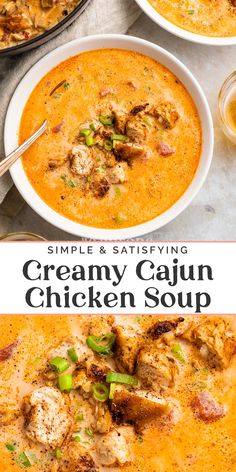 creamy cauliflower chicken soup in a white bowl