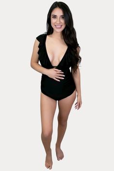 Size: 1 Black One-piece Swimwear For Pool, Black Pool Bodysuit With Lined Body, Black Lined Bodysuit For Pool, Black Lined Bodysuit For The Pool, Elegant Black Swimming Bodysuit, Black V-neck Bodysuit For Beachwear, Elegant Black Bodysuit For Pool, Chic Black One-piece Swimwear, Fitted Black One Piece For Party