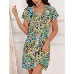 Season:Summer; Fabric:Polyester; Sleeve Length:Short Sleeve; Gender:Women's; Style:Bohemia,Stylish; Occasion:Holiday,Vacation; Fit Type:Regular Fit; Dresses Type:Shift Dress; Pattern:Paisley; Design:Print; Neckline:V Neck; Front page:FF; Listing Date:03/27/2024; Bust:null; Length:null; Fit US Size:null; Fit UK Size:null; Fit EU Size:null; Dress Length Type:Mini Dress; Print Type:Print Vibrant Print Short Sleeve Mini Dress For Vacation, Short Sleeve Paisley Print Vacation Dresses, Short Sleeve Paisley Print Dresses For Vacation, Patterned Short Sleeve Mini Dress For Beach, Short Sleeve Dresses With Paisley Print For Vacation, Summer V-neck Mini Dress With Paisley Print, Paisley Print Short Sleeve Beach Dress, Summer V-neck Mini Dress In Multicolor Print, Summer Mini Dress With Vibrant Print