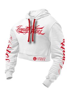 Loyalty Vibes Collective Cropped Hoodie White Red Women's - Loyalty Vibes White Cropped Sweatshirt For Winter, Hooded Cropped Sweater For Streetwear, Hooded Cropped Sweater For Streetwear In Athleisure Style, Hooded Crop Top For Winter, White Cropped Sweatshirt For Streetwear, Cropped Hoodie Sweater With Drawstring For Streetwear, Hooded Cropped Sweater For Winter Streetwear, Sporty Cropped Sweater With Drawstring Hood For Streetwear, Hooded Crop Top For Streetwear In Fall