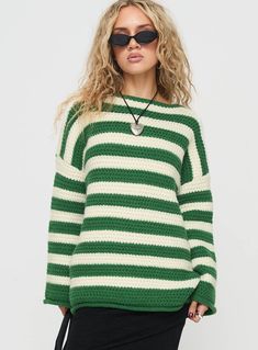 Brando Knit Sweater Green / Cream Stripe Casual Knitwear, Winter Knit Sweater, Chunky Knit Sweater, Thanksgiving Outfit, Loose Sweater, Women Sleeve, Green Cream, Green Sweater, Winter Knits