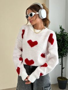 Women's Dropped Shoulder Long Sleeve Heart Pattern Knitted Sweater, Autumn/Winter Beige Casual  Long Sleeve Knitwear Colorblock,Geometric,Heart Pullovers Medium Stretch  Women Clothing, size features are:Bust: ,Length: ,Sleeve Length: Sweater Autumn, Geometric Heart, Heart Sweater, Heart Pattern, Inspiration Mode, Heart Patterns, Knitted Sweater, Knitwear Women, All Fashion