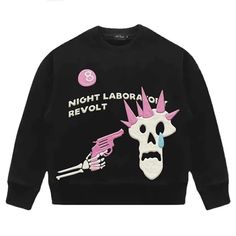 Bold foam Print Graphics is the current trend set by the likes of Broken Planet and you can capture this look with the Night Laboratory Revolt Sweatshirt! Made from a premium thick crewneck the graphic features a skull holding a revolver with load pink details. Black Crew Neck Sweater, Punk Hoodie, Grunge Aesthetics, 90s Y2k Fashion, Punk Skull, Skull Sweatshirt, Desain Editorial, Y2k Aesthetic Outfits, 90s Streetwear