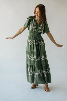 The Radford Embroidered Maxi Dress in Olive – Piper & Scoot Stylish Maternity Outfits, Unique Outfit, Contrast Blouse, Embroidered Maxi Dress, Stylish Maternity, Dress Pin, Floral Denim, Tiered Midi Dress, Floral Jumpsuit