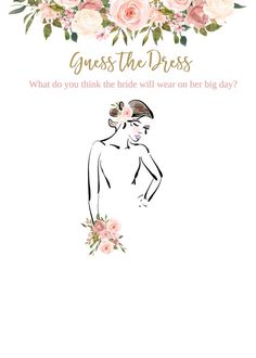 a card with the words guess the dress on it and an illustration of a woman holding flowers