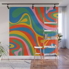 an abstract painting in orange, blue and yellow wall mural