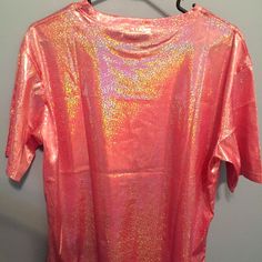 New W/Out Tags. Liquid Metallic Holographic Pink Sparkly, Shiny, Soft, Light Weight Shirt With Slight Stretch. Width 21.5” X Length 28” Pink Is Closer In Color To Last Picture. Pink Sparkly, Soft Light, Colorful Fashion, Pink Fashion, Fashion Tops, Pink And Gold, Shirt Style, Colorful Shirts, Womens Tops