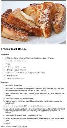 the french toast recipe is shown on this page, with instructions for how to make it