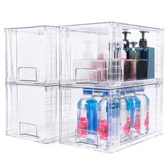 three clear containers with different types of soaps and lotions