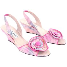 These are wonderful striped floral pink slingbacks by d'Rossana by Charna from the 1980's. The shoes have a large flower rosette trimmed in pink leather. There is a small wedge heel and they were worn only once. These open toe shoes have a leather sole and were made in Italy. Size 7 Narrow. BALL WIDTH: 2 7/8" LENGTH: 9.5" HEEL: 2 1/4" Century Shoes, Cc Shoes, Snake Skin Shoes, Striped Shoes, Manolo Blahnik Heels, Satin Shoes, Fun Heels, Black Suede Pumps, Low Heel Shoes