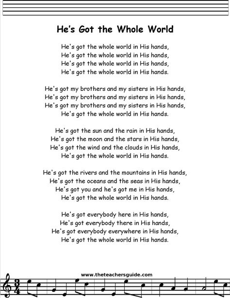 he's got the whole world in his hands lyrics printout Christian Nursery Rhymes, Bible Nursery Rhymes, He’s Got The Whole World In His Hands Song, He Got The Whole World In His Hands, Bible Songs For Preschoolers, He's Got The Whole World In His Hands, Christian Preschool Songs, Preschool Bible Songs, Baby Lullaby Lyrics