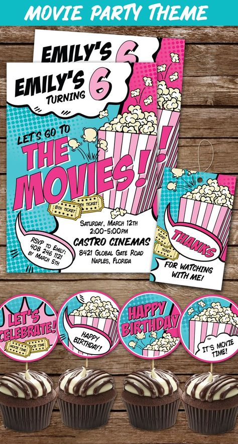 Movies and Popcorn party Theme. Go to the cinema or create a cinema at home. Friends, popcorn, cushions, cupcakes, party treats... Such a fun idea. These are downloadable to print at home or at your local print store. Popcorn Party Invitations, Cinema Party Invitations, Movie Party Theme, Kids Movie Party, Cinema At Home, Movie Theatre Birthday Party, Kids Movie Poster, Movie Party Invitations, Movie Theme Birthday Party