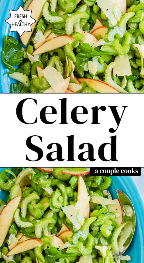 This easy celery salad could not be more refreshing! Take this crunchy veggie to new heights paired with apples, Parmesan and a tangy vinaigrette. #celerysalad #celery #celeryrecipe #easysalad #healthysalad #healthy #vegetables #summersalad Salads With Celery, Sauteed Celery Recipes, Celery And Peppers Recipes, Celery Salad Recipes Healthy, Carrot Celery Onion Recipes, Celery Recipes Salad, Celery Salad Recipes, Apple Celery Salad, Salad With Apples