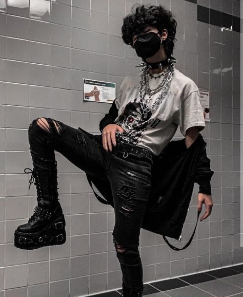 Hot Outfits For Men, Edgy Male Outfits Aesthetic, Man Alternative Style, Alt Grunge Outfits Men, Men Alternative Outfits, Edgy Outfits Male, Hot Punk Outfits, Posing Reference Male, Dark Style Boy