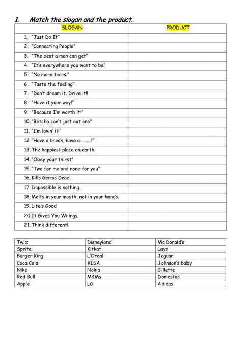 Advertising Worksheet, Advertisement Worksheet, Conversation Activities, Marketing Classroom, Advertising Techniques, Free Time Activities, Advertising Slogans, Game Fowl, English Teaching Resources