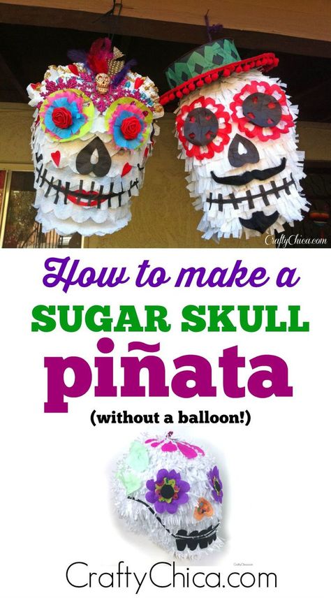 Make a sugar skull pinata for Day of the Dead! #craftychica #sugarskullpinata #sugarskullcraft #pinatatutorial Skull Pinata, Kim Birthday, Sugar Skull Diy, Sugar Skull Crafts, Sugar Skull Party, Day Of The Dead Diy, Pinata Diy, Coco Birthday, Business Thoughts