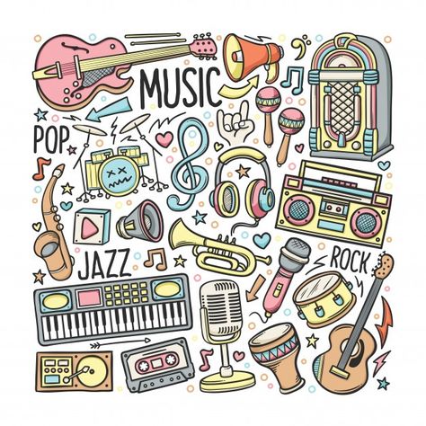 Hand drawn set of music in doodles color | Premium Vector #Freepik #vector #music #hand #cartoon #hand-drawn Music Notes Drawing, Music Doodle, Doodle Clipart, Chalk Ideas, Note Doodles, Music Drawings, Music Illustration, Doodles Drawings, Music Coloring