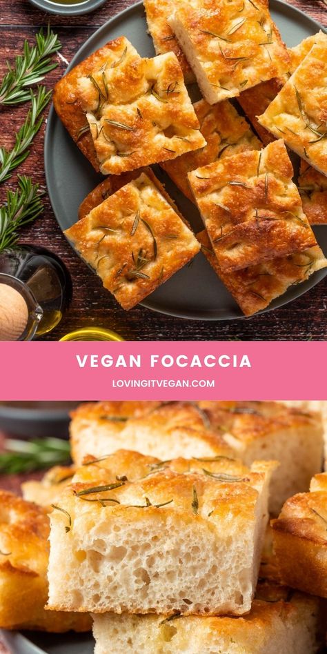 This delicious homemade vegan focaccia bread recipe is so easy to make. Topped with fresh rosemary, sea salt and olive oil it's the best ever. | lovingitvegan.com Vegan Italian Bread, Quick Vegan Bread Recipe, Vegan Focaccia Bread Recipe, Vegan Foccia Bread, Vegan Baked Dishes, Italian Vegan Recipes, Vegan International Recipes, Vegan Sourdough Recipes, Vegan Foccacia