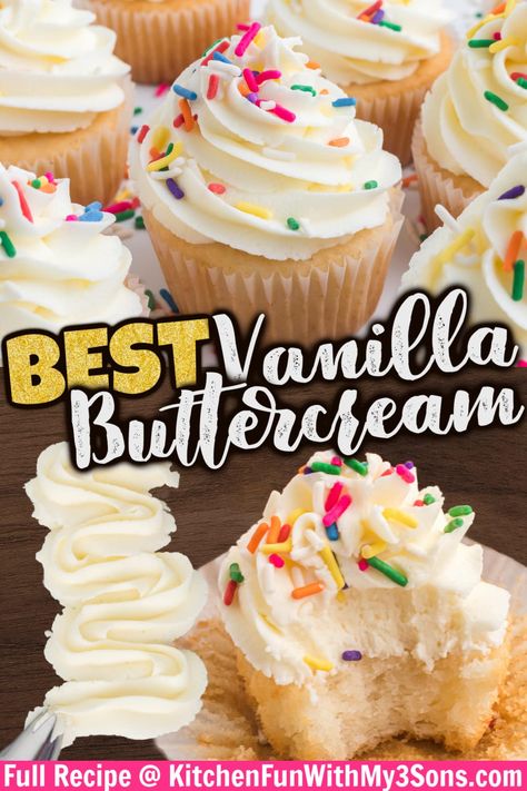 Smooth, rich, and creamy, this Vanilla Buttercream Frosting comes together in just 10 minutes with 4 ingredients. Perfect for piping on cupcakes, frosting cakes, and more. You can even add a bit of food coloring for festive holiday desserts. Perfect Cupcake Frosting, Frosting For Red Velvet Cupcakes, Cake Add Ins, Best Cupcake Frosting, Best Vanilla Buttercream Frosting, Best Vanilla Buttercream, Cupcake Icing Recipe, Frosting For Cupcakes, Ganache Recipes