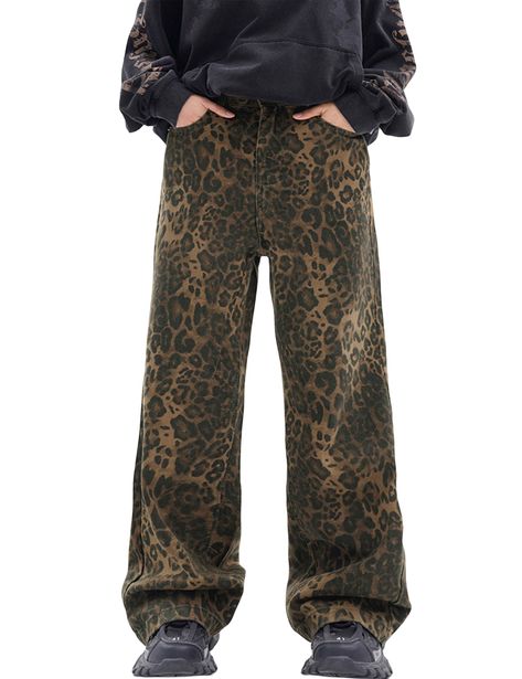 PRICES MAY VARY. Men's Leopard Pants:It can be used as a street item by loosely putting it together as a whole, and it is an item that can be worn around. Wear a shop coat or overshirt with a dull-colored Ron T or short-sleeved T-shirt for a casual look. Leopard style jeans: perfect to match with basic t-shirt, sweater, coat, jacket, flats or boots, creating a simple but fashion effect for you. Looks cool and handsome in daily wear. Never out of date! Size Note: Please look at the size info on t Leopard Print Pants Outfit, Style Wide Leg Jeans, Printed Pants Outfits, Over The Knee Boot Outfit, Fit Y2k, Black Thigh High Boots, Leopard Jeans, Leopard Print Jeans, Pants Outfit Men