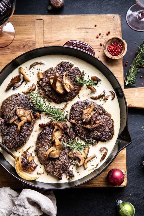 Rosemary Beef Tenderloin with Wild Mushroom Cream Sauce. - Half Baked Harvest Rosemary Beef Tenderloin, Rosemary Beef, Mushroom Cream Sauce, Half Baked Harvest Recipes, Mushroom Cream Sauces, Wild Mushroom, Harvest Recipes, Half Baked, Beef Tenderloin