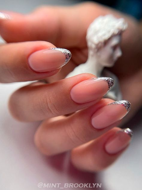 Silver And Pink French Tip Nails, Silver Outline French Nails, White And Silver Nails French Tip, Metallic French Tip Almond Nails, Silver Glitter Nails French Tips, Almond Tip Nails Designs, Silver Tip Nails French Manicures, Silver French Tip Nails Almond, Almond Glitter French Nails