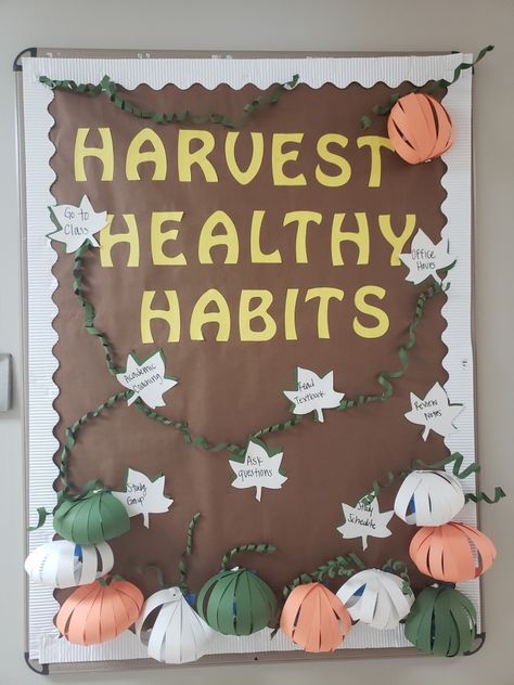 Fall Safety Bulletin Board, Health And Wellness Bulletin Boards College, Fall Bulletin Boards For Nurses Office, Fall Health Bulletin Board Ideas, Halloween Health Bulletin Boards, Health Fair Decorating Ideas, Harvest Healthy Habits Bulletin Board, School Nurse Fall Bulletin Boards, Elementary Health Bulletin Boards