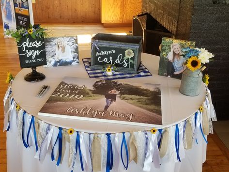 Grad Gift Table Ideas, Basket For Cards At Party, Grad Party Card Box Ideas Gift Table, Graduation Decoration Table Ideas, Graduation Photo Table Ideas, Graduation Welcome Table, Card Table Graduation Party, Sunflower Themed Graduation Party, Graduation Party Gift Table